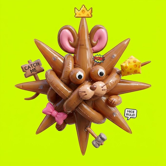 A whimsical balloon art sculpture depicts a mouse face surrounded by spiky protrusions, featuring signs reading 'CATCH ME', 'POW!', 'MICE RULE!', a cheese wedge, and a pink bow against a yellow background.