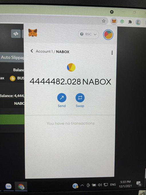 A computer screen displays a MetaMask wallet extension showing a balance of '4444482.028 NABOX' with 'Send' and 'Swap' options, dated 12/1/2021.