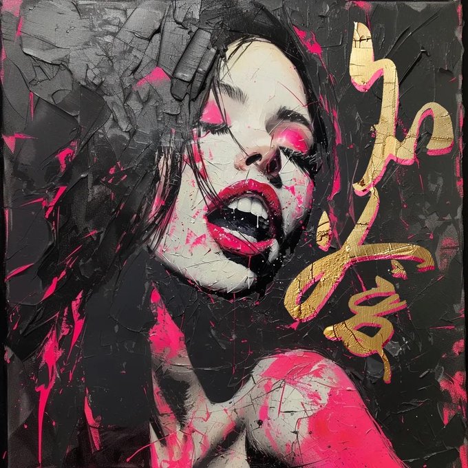 An expressionistic painting with heavy impasto texture depicts a pale woman's face with vivid pink lips and splashes, surrounded by black and pink strokes with gold calligraphic markings.