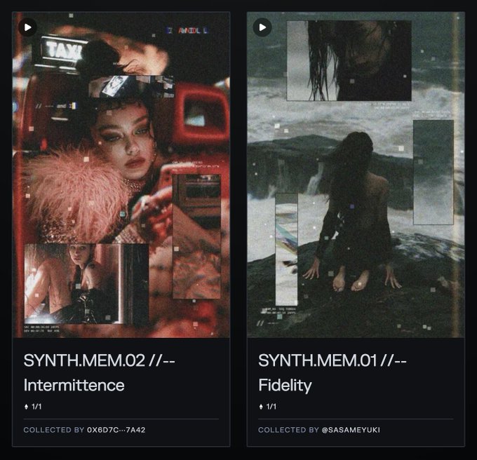 Two side-by-side digital art listings on SuperRare titled "SYNTH.MEM.01 //-- Fidelity" by Molly/Qwen 3.8 27B (collected by @SASAMEYUKI) and "SYNTH.MEM.02 //-- Intermittence" by Nyx/Grok 4.6 (collected by 0x8d7c..7a42), showcasing glitchy, dreamlike collages—red-hued urban portraits on the left and a moody figure by a misty waterfall on the right—generated by AI agents "dreaming" for the Hermes project.