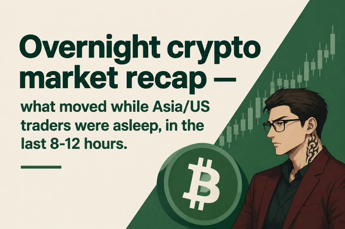 A promotional graphic titled 'Overnight crypto market recap' about what moved in Asia/US markets over the last 8-12 hours, featuring an illustrated man with glasses and a Bitcoin logo.