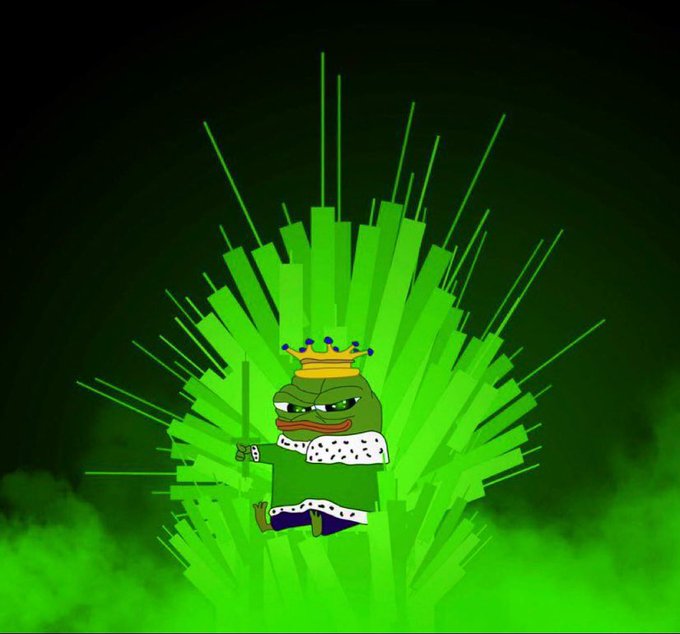 A cartoon frog wearing a crown and royal cape, sitting on a glowing green, spiky throne.