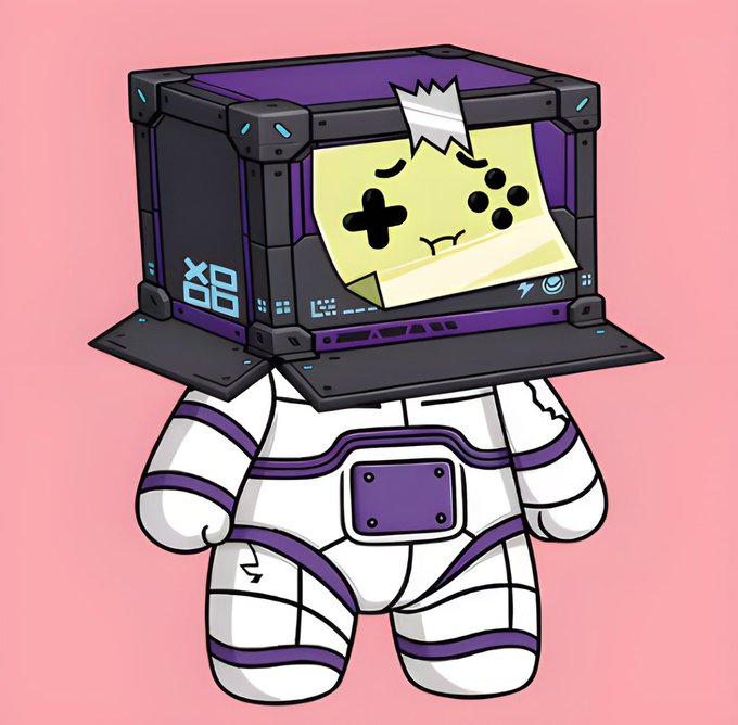 A detailed illustration of a small robot character wearing a white and purple astronaut suit with a large, black, TV-like head displaying a yellow sticky note face with a gaming controller design.