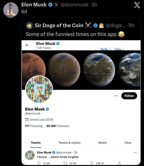 A screenshot of Elon Musk's X account showing 'lol' as a reply, featuring his profile picture composed of many small images.