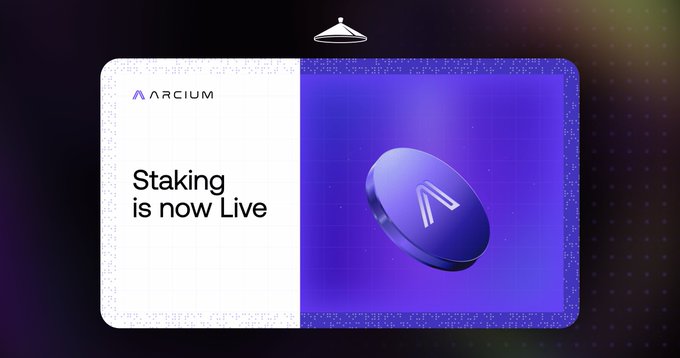 A sleek promotional graphic features the "ARCIUM" logo alongside bold text reading "Staking is now Live," accompanied by a 3D coin displaying the Arcium symbol on a gradient purple-blue background with a UFO icon above. The image visually announces the ARX staking launch highlighted in the post, reinforcing the message that token holders can now delegate their stake to trusted nodes and earn a share of computation fees.