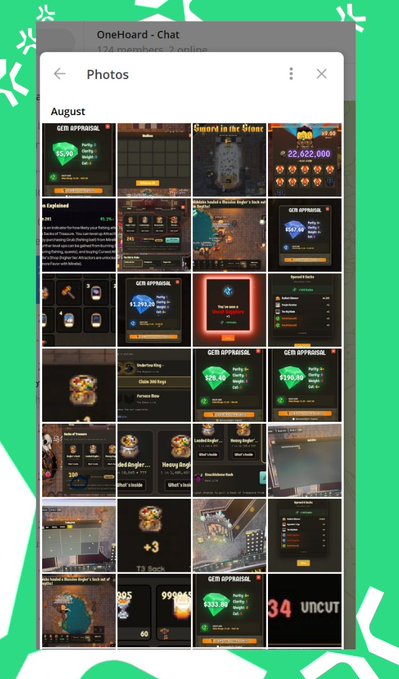 A mobile app interface shows a photo gallery labeled "OneHoard - Chat" with various game screenshots and gem offers, surrounded by a green decorative border.