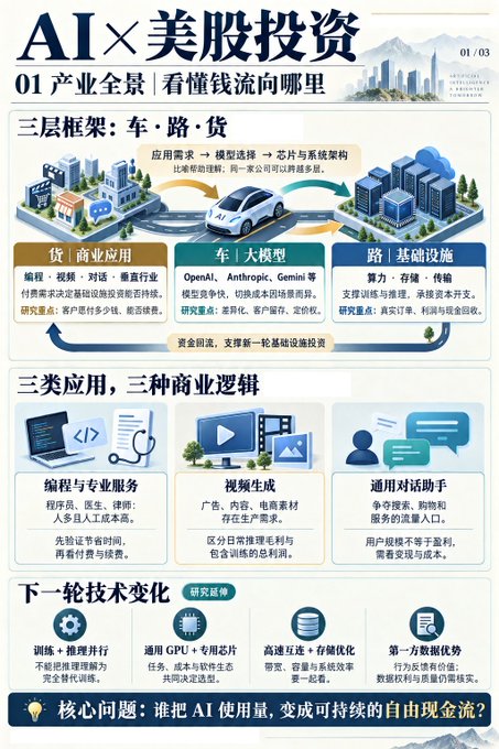 A Chinese infographic titled 'AI x 美股投资' (AI x US Stock Investment) explaining the three-layer framework of car-road-cloud, three types of applications, and the next wave of technological change.