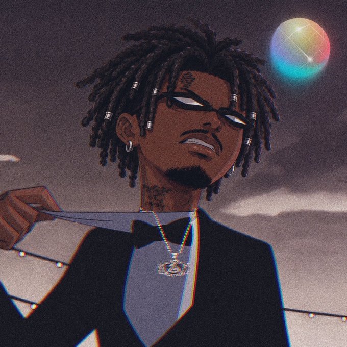A stylized animated illustration of a young man with dreadlocks wearing narrow sunglasses, a black tuxedo with a bow tie, and a diamond pendant, shown against a dark sky with a colorful glowing orb.