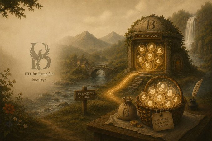 A fantasy landscape artwork promoting 'ETF for Pump.fun' at bircel.xyz, depicting an 'Onchain Vault' dome, a basket of token icons, a money bag, and a sign reading 'BACKING ONCHAIN' and 'ONE BASKET, EVERY TOKEN, ONE BUY.'