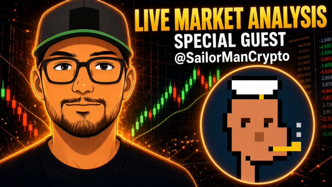 Promotional graphic for a live market analysis featuring a cartoon man with a beard and cap next to a pixelated sailor avatar, with text reading "LIVE MARKET ANALYSIS SPECIAL GUEST @SailorManCrypto" against a background of candlestick charts and ticker numbers. The image advertises an upcoming live stream discussing $BTC trading ranges hosted by WOLF Bitcoin.