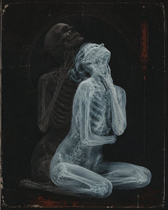 This image features a dual x-ray style overlay of a seated woman and a skull, set against a dark background with red vertical text and technical markings. The "gm" caption (shorthand for "good morning" common in crypto/NFT communities) relates to the image's artistic, collectible aesthetic typical of digital art collections.