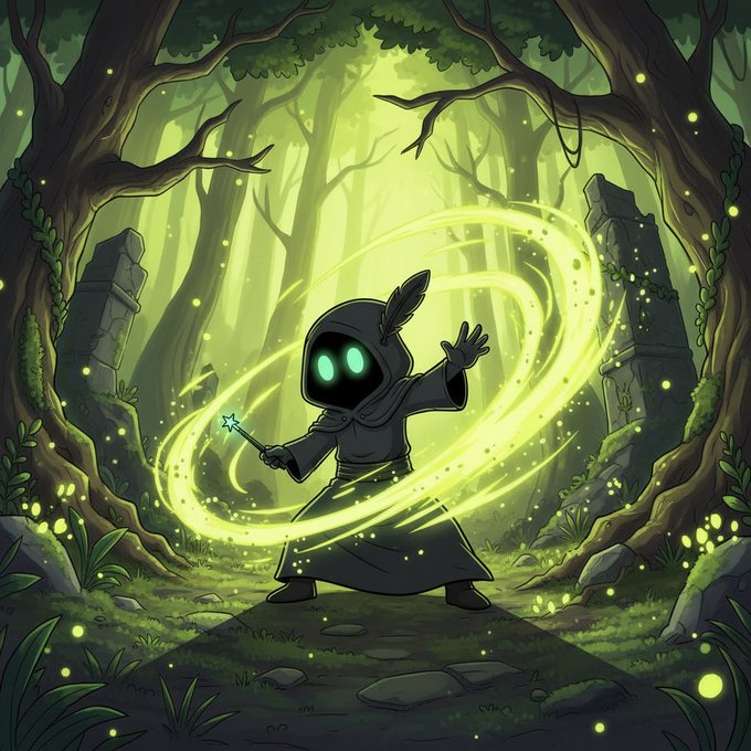 A cartoon illustration of a small hooded character with glowing green eyes wielding a glowing green magic wand in a mystical forest setting.