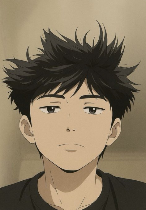 An anime-style portrait of a young man with spiky black hair and a neutral expression, wearing a black shirt.