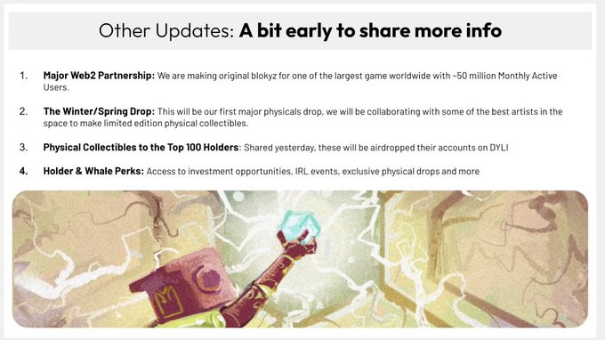 An informational slide titled 'Other Updates: A bit early to share more info' listing announcements including a Major Web3 Partnership for a game with ~50 million MAU, a Winter/Spring physical drop, Physical Collectibles for Top 100 Holders via airdrop, and Holder & Whale Perks like investment opportunities and IRL events, accompanied by colorful illustration artwork.