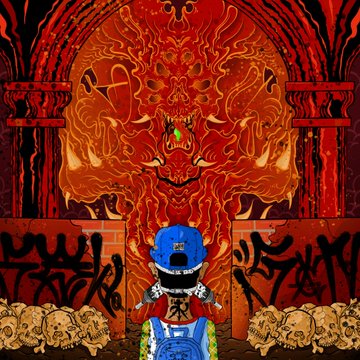 A pixel art scene showing a character in a blue cap and sunglasses standing before an ominous red demonic shrine flanked by skulls and bones.