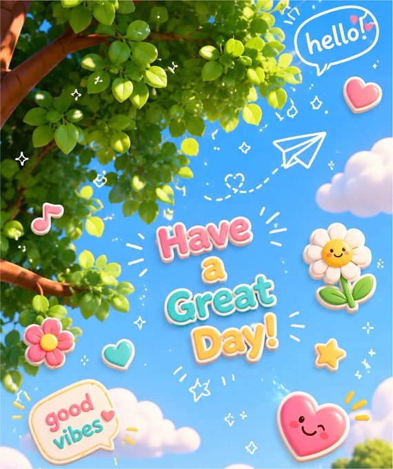 A cheerful decorative graphic with a tree branch against blue sky background, featuring cartoon flowers, hearts, paper plane, and bubble text saying 'Have a Great Day!', 'hello!', and 'good vibes'.