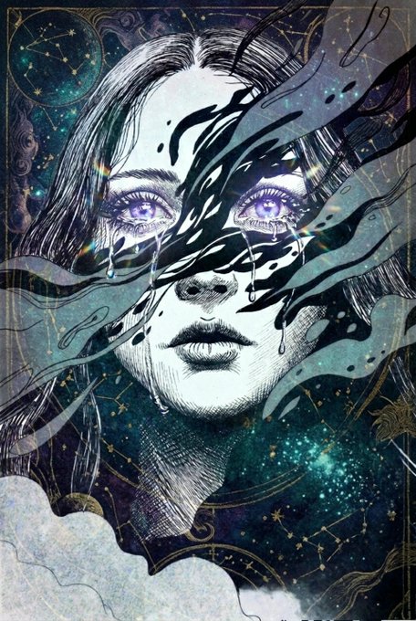 A mystical illustrated portrait of a woman with striking purple glowing eyes, black tears streaming down her face, with black liquid waves flowing across her features against a cosmic starry background.