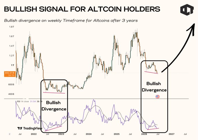 A TradingView chart titled 'BULLISH SIGNAL FOR ALTCOIN HOLDERS' showing a bullish divergence on the weekly altcoin market cap timeframe after 3 years, with RSI highlighted at 31.54.