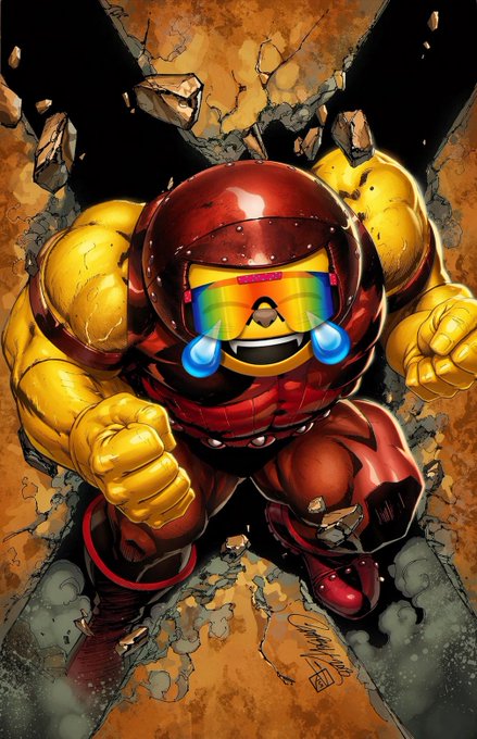 Comic book-style artwork of a character in yellow and red armor with a rainbow visor and tearful, smiling face bursting through a rocky wall.