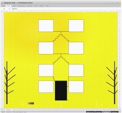 A simple digital drawing or game design sketch on a yellow background with white rectangles, a black doorway, and minimal tree silhouettes.