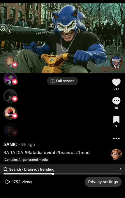 The image is a screenshot from TikTok showing the disturbing AI-generated character "SANIC" from the SattaDia trend, depicting a Sonic-like figure holding a gun. The post is from user SANIC and contains hashtags #Ratadia #viral #brainrot #trend. The user describes gaining attention on TikTok with $SANIC, noting they held through uncertainty as part of a popular narrative.