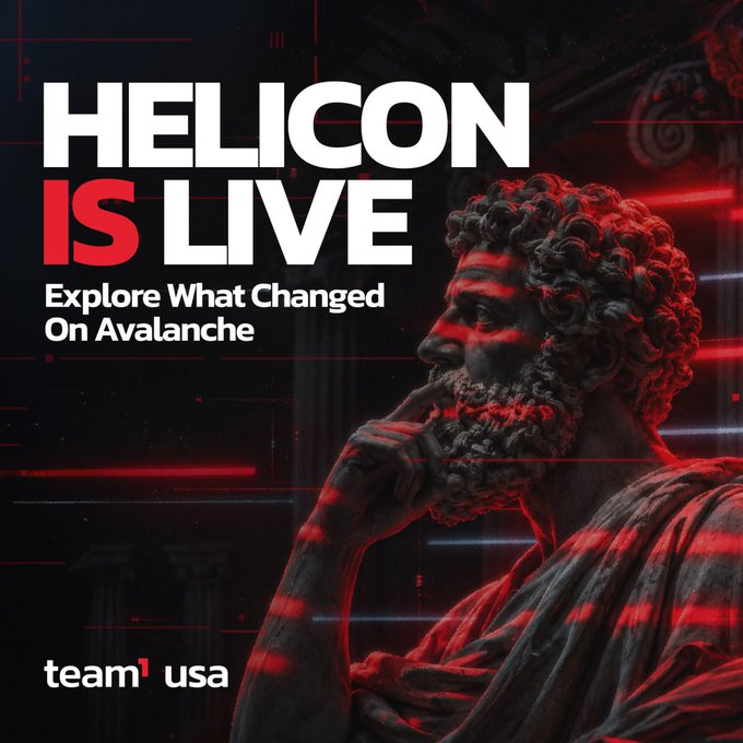 A promotional graphic reading 'HELICON IS LIVE - Explore What Changed On Avalanche' featuring a classical statue bust with red lighting effects and the team1usa logo.