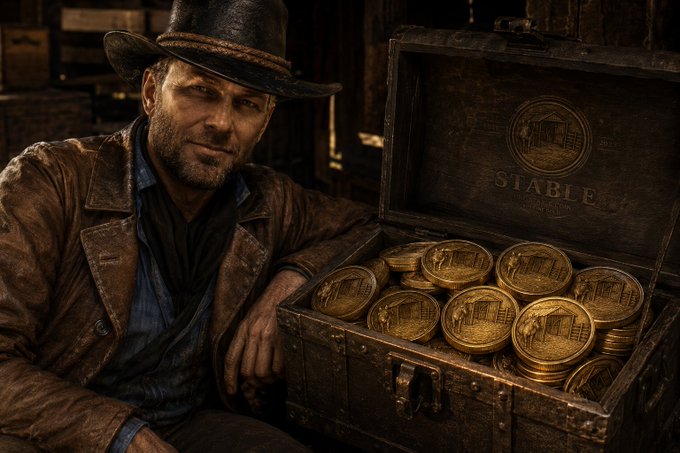 A rugged cowboy wearing a black hat sits next to an open wooden chest filled with gold coins engraved with 'STABLE'.
