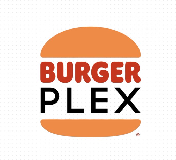 A simple logo featuring an orange burger graphic with the text 'BURGER PLEX' in red and black lettering inside the bun.