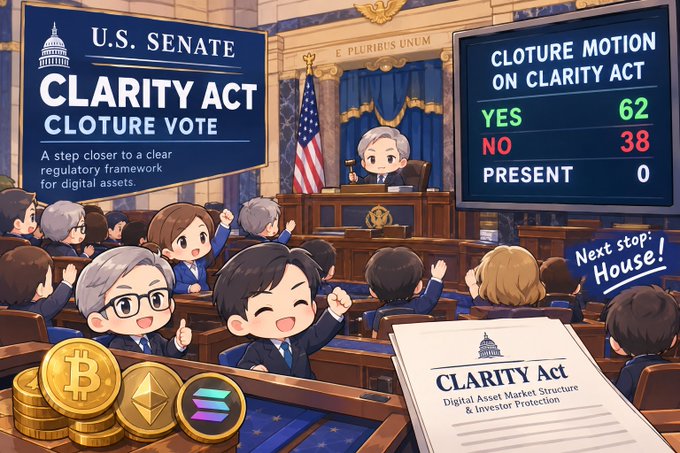 A U.S. Senate illustration depicting the Clarity Act Cloture Vote passing with 62 YES, 38 NO, and 0 PRESENT, marking 'A step closer to a clear regulatory framework for digital assets' with a note saying 'Next stop: House!' alongside Bitcoin, Ethereum, and Solana coin icons.