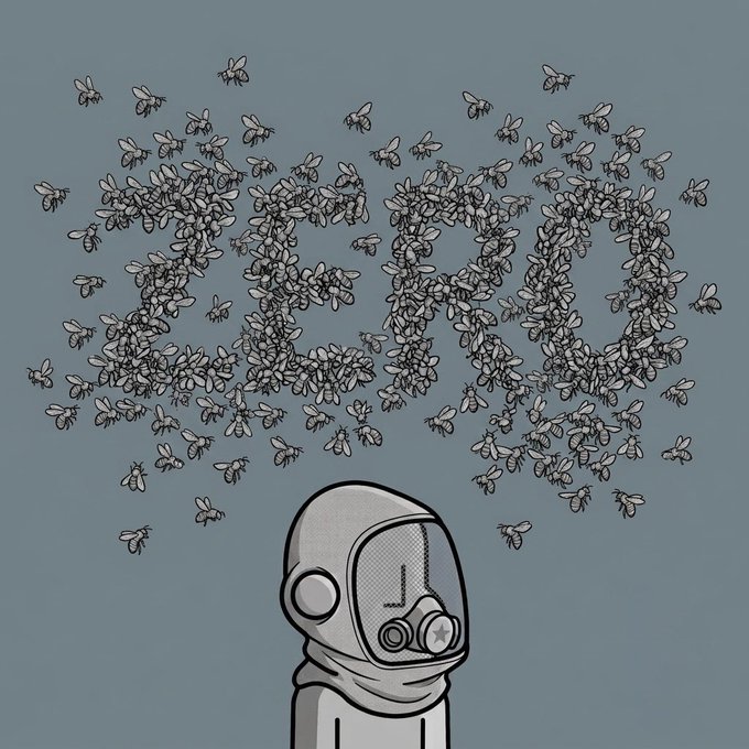 A figure in a hazmat-style helmet and gas mask stands below a swarm of flies forming the word "ZERO," visually reinforcing the post's announcement of a new NFT pickup from @npconchain ahead of an upcoming snapshot.