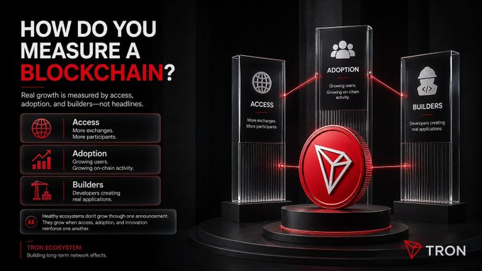 An infographic asking 'HOW DO YOU MEASURE A BLOCKCHAIN?' highlighting Access, Adoption, and Builders, featuring the red TRON (TRX) logo.