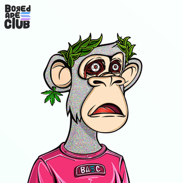 A cartoon illustration of a worried-looking grey monkey wearing a pink shirt with 'BAYC' text and a leaf crown, branded 'Bored Ape Club'.