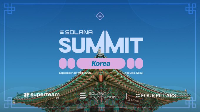 Promotional graphic for the **Solana Summit Korea** on **September 30, 2026** at Yeouido, Seoul, featuring a traditional Korean palace roof against a blue backdrop, with the "20" countdown highlighting the event's 20-day wait. Sponsored by Superteam Korea, the Solana Foundation, and Four Pillars, the design visually bridges Korean heritage with the crypto summit's branding.