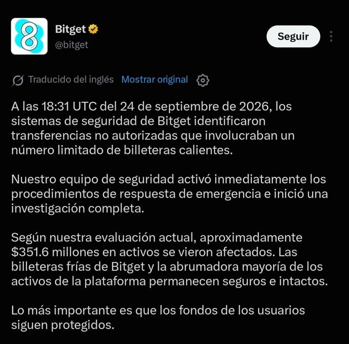 A Bitget Twitter post (translated from English) confirming a security breach on September 24, 2026, in which approximately $351.6 million in assets were affected through unauthorized transfers from a limited number of hot wallets, though user funds and cold wallets remain safe.