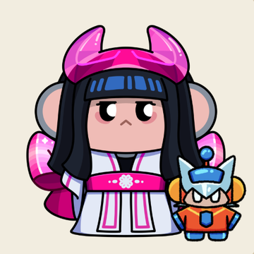 Chibi-style cartoon illustration of a character with long black hair, pink horns, and a traditional white and pink kimono, accompanied by a small blue mascot character.