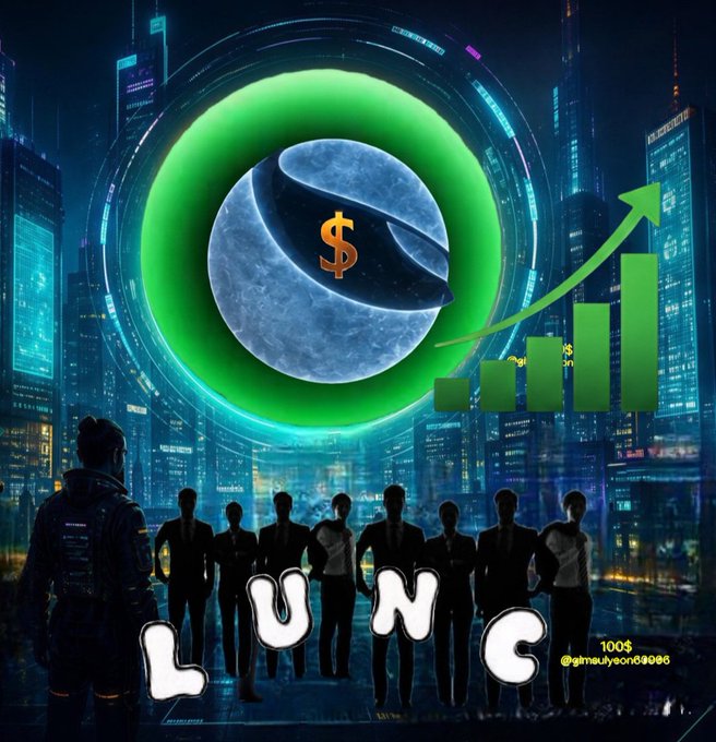 A futuristic cityscape with silhouetted figures looking up at a large glowing green coin bearing a dollar sign, accompanied by a rising bar chart with an upward arrow and the text 'LUNC' prominently displayed along with '$100$'.