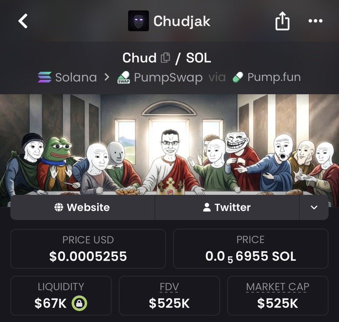 A screenshot of a meme coin trading page for "Chudjak" ($CHUD) on PumpSwap via Pump.fun on Solana, displayed in a parody of The Last Supper featuring various internet meme characters surrounding a central figure resembling Ben Garrison. The token shows a price of $0.0005255 (0.00006955 SOL), with $67K liquidity and a $525K FDV/market cap.