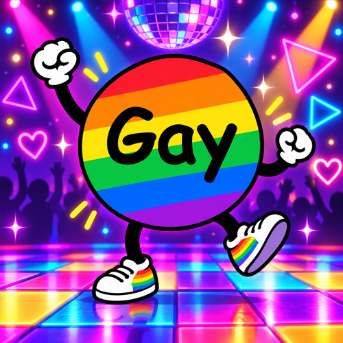 A cartoon rainbow-colored circle character with the word 'Gay' written on it dances on a disco floor wearing sneakers, under a disco ball with neon lights.