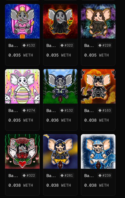 A dark NFT marketplace-style grid of nine cartoon elephant avatars, each with an image, a truncated name beginning “Ba…,” an edition number such as “#132” or “#322,” and prices around “0.035 WETH” to “0.038 WETH.”