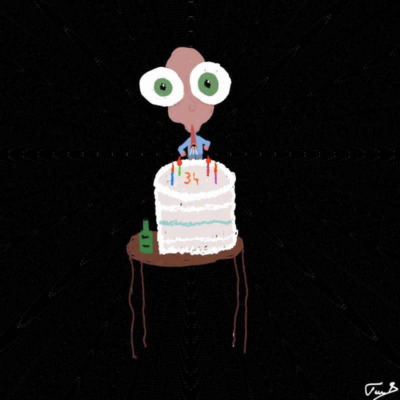 The image features a cartoon character with big eyes sitting at a table next to a birthday cake that has candles on it, indicating a celebration of someone's birthday. The text "NFA, DYOR, but highly recommended." suggests that this is an open edition artwork created by a digital artist for free distribution and appreciation.