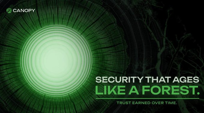 Marketing graphic for 'CANOPY' with the tagline 'SECURITY THAT AGES LIKE A FOREST. TRUST EARNED OVER TIME,' featuring a green tree ring pattern background.