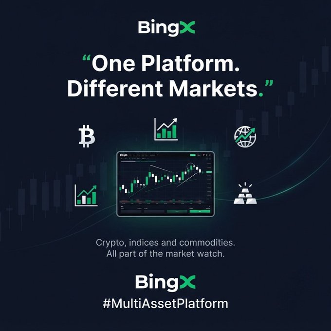 BingX promotional graphic with the tagline "One Platform. Different Markets." featuring icons for Bitcoin, stocks, currency, and gold, alongside the hashtag #MultiAssetPlatform.