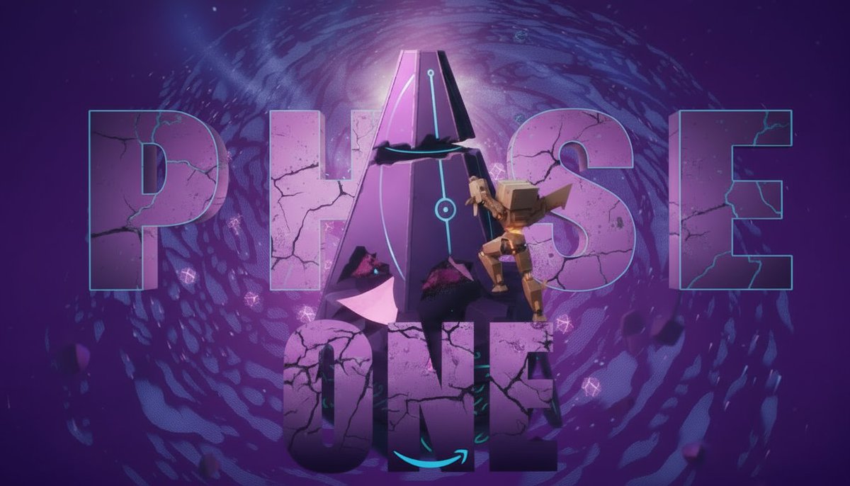 A stylized 'PHASE ONE' event poster with cracked purple text, featuring a small gold robot figure in a dynamic pose against a cosmic purple background.