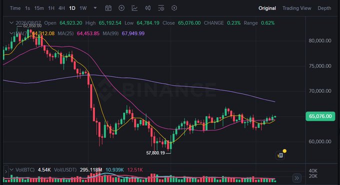 A Binance candlestick chart showing BTC/USD price action, with the current price at 65,076.00, indicating a 0.23% change with moving averages MA(25), MA(99) visible.