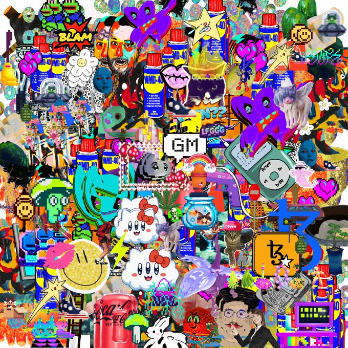 A vibrant, chaotic collage filled with retro internet and meme imagery including "BLAM," "GM," "LFGGG," "HAND-AID," Hello Kitty, pixel art characters, game cartridges, and various pop culture references.