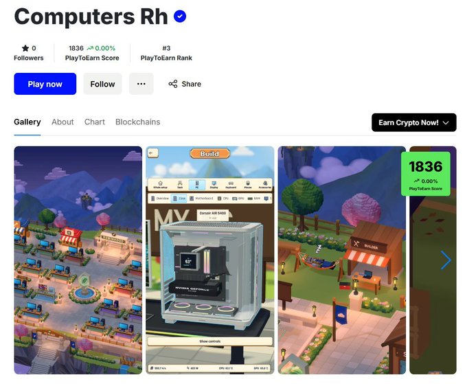 A website page titled 'Computers Rh' shows a PlayToEarn Score of 1836 with screenshots of a colorful virtual mining game.