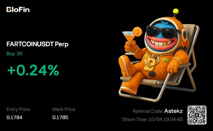 The image shows a BloFin trading screenshot for a FARTCOINUSDT Perp position with a 3X long, currently up +0.24%, featuring a cartoon character in an orange spacesuit holding a drink and lounging in a beach chair. The image aligns with the post by documenting a long Fartcoin position taken in anticipation of a bounce, showcasing the meme coin's playful branding and sharing a BloFin referral link.