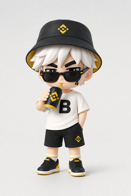The image features a small figurine of a boy wearing sunglasses, a hat, and black shorts with yellow stars. The boy appears to be drinking from a can while standing against a white background. The caption provided for this image reads "我也用 @dappOS_com 的 @xBubble_ai 作图搞了一个 看着还挺帅的 币安「超级隐藏款」盲盒就选你吧".