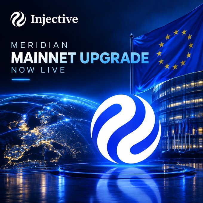 Promotional graphic for Injective announcing 'MERIDIAN MAINNET UPGRADE NOW LIVE', featuring the Injective logo, a European Union flag, and a globe with network connections.