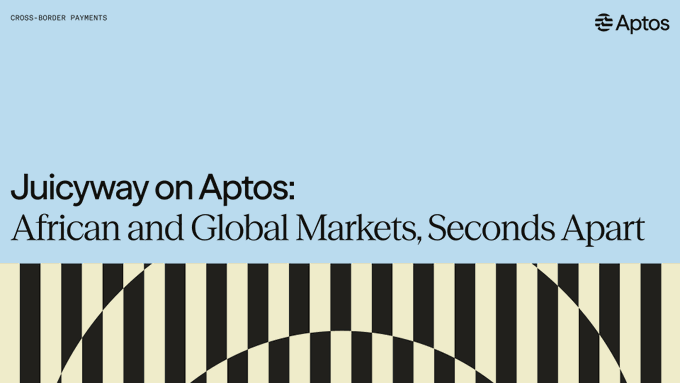 Aptos-branded banner promoting its partnership with Juicyway for cross-border payments, featuring the headline "Juicyway on Aptos: African and Global Markets, Seconds Apart" on a light blue background with black-and-yellow striped graphics. The image visually reinforces the post's announcement of Juicyway's adoption of Aptos to enable near-instant settlement between African and global markets.